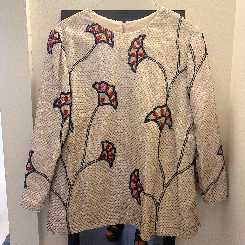 Vintage Sequined Shirt with Beaded Flowers